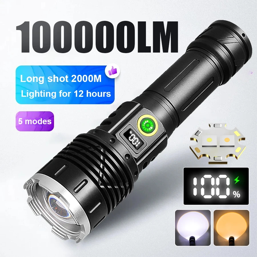 

High Power LED Flashlight Dual Color Strong Light Source Tactical Light Rechargeable Lantern Ultra Long Range Outdoor Torch