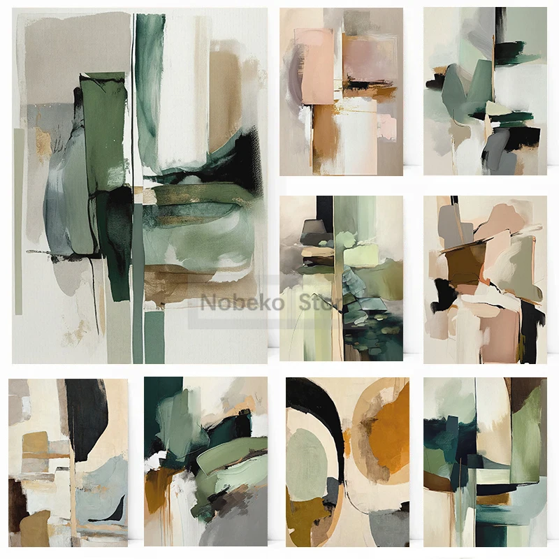 Japandi Abstract Poster Green and Gold Wabi Sabi Neutral Prints Canvas Painting Wall Art Home Room Modern Minimalist Decoration