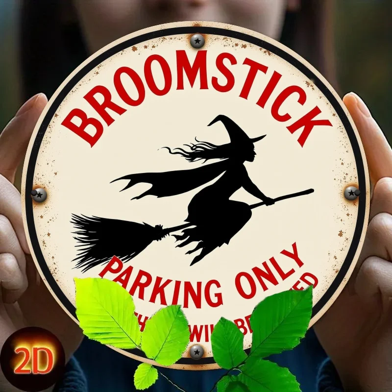 Witch broom parking sign, vintage round wall decoration item