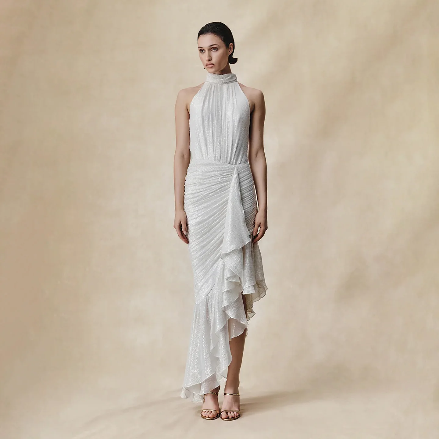 French style halter dress with exposed back pleated ribbons hip hugging irregular fish tail elegant and sexy evening gown