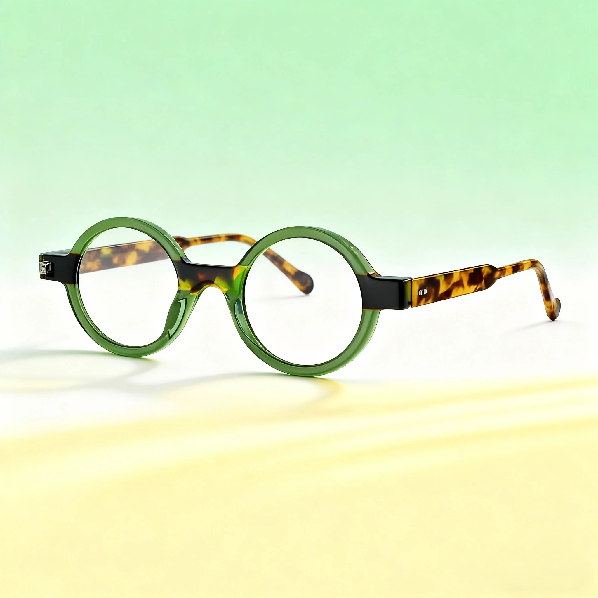 FYTOO Unisex Stylish Round-Frame Glasses Green Tortoiseshell Combo, Durable Acetate, Adds Art Vibe to Outfits, Face-Flattering