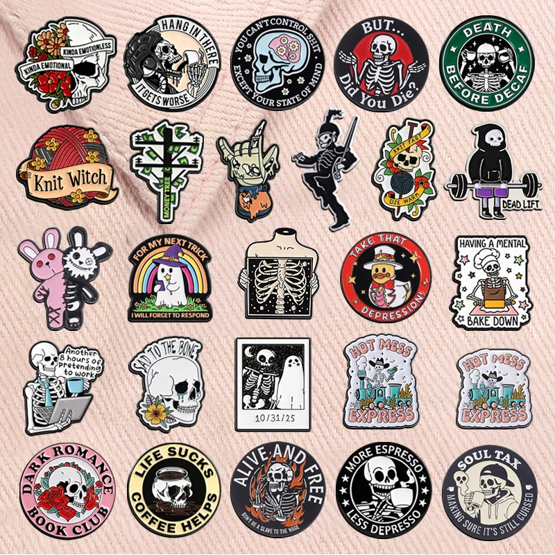 Halloween Totenkopf Emaille-Pins Punk Dark Gothic Skelett Geist Gruseliger Zauberer Broschen Anstecknadeln Mode-Schmuck Geschenke für Freunde