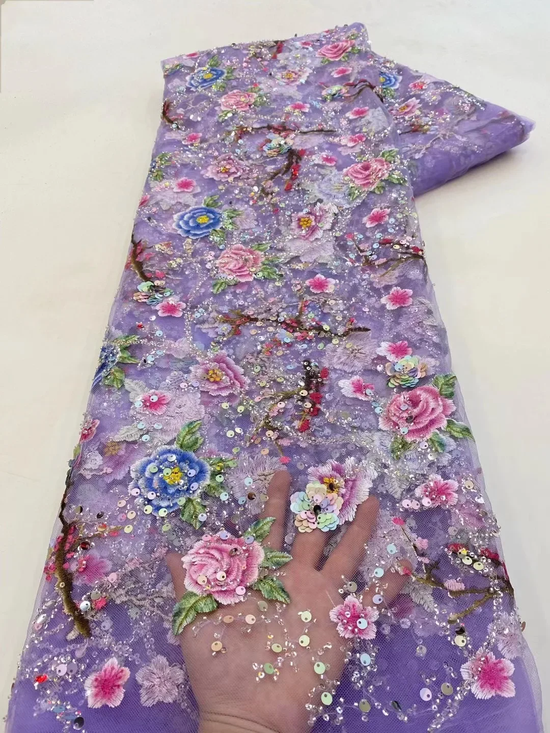 High Quality African Tulle Beaded Embroidered Groom Lace Fabric Sequins Lace Fabric for Wedding Party Dress XZ5749 image 6