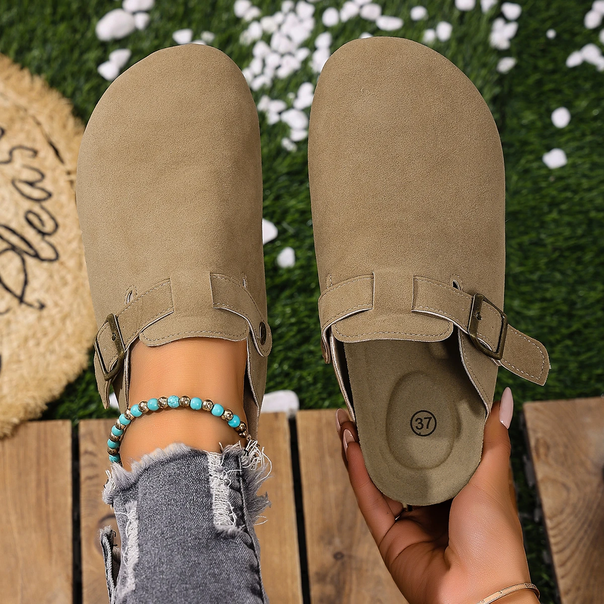 Korkfußbett-Clogs für Damen und Herren, modische Leder-Mules, bequeme Potato-Schuhe mit Fußgewölbestütze, flache Slides für drinnen und draußen – Detail 6