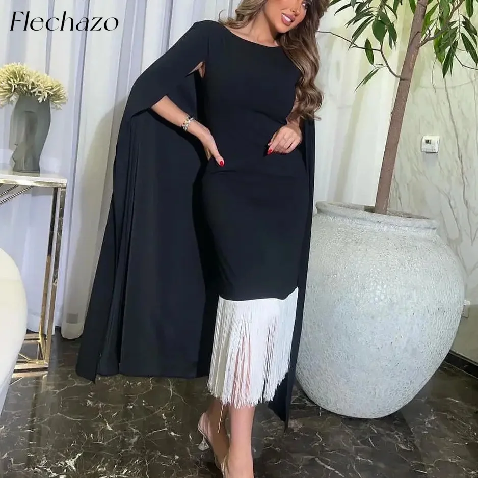 

Flechazo Black Evening Dresses O Neck Tassel Tea-Length Cape Simple Elegant Party Dress For Women 2024 Saudi فساتين السهرة