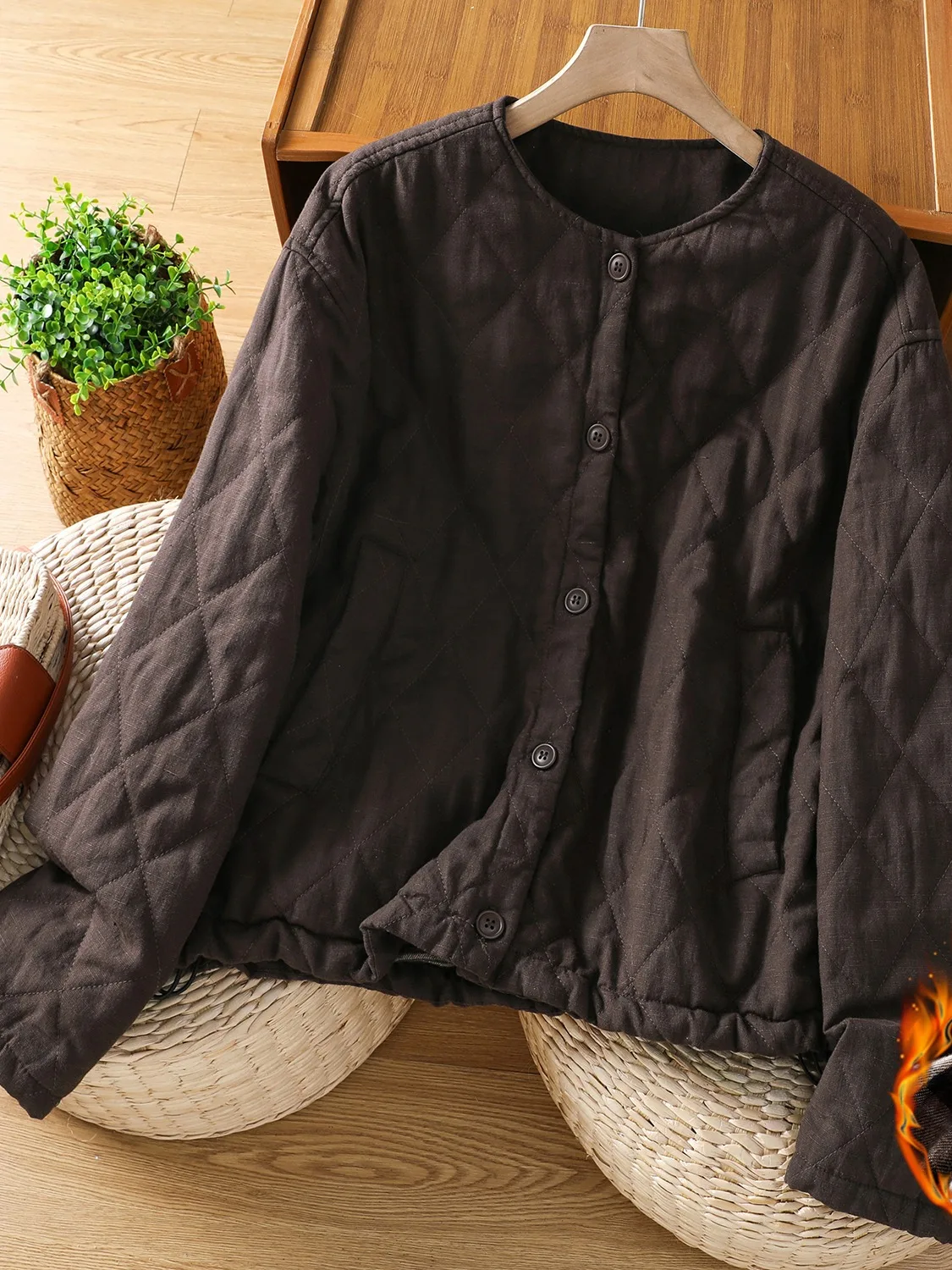 

Retro Thiened round Ne Cotton Jaet Women's Winter Quilted Casual Mom Cotton Coat ort Outerwear Artistic Plaid