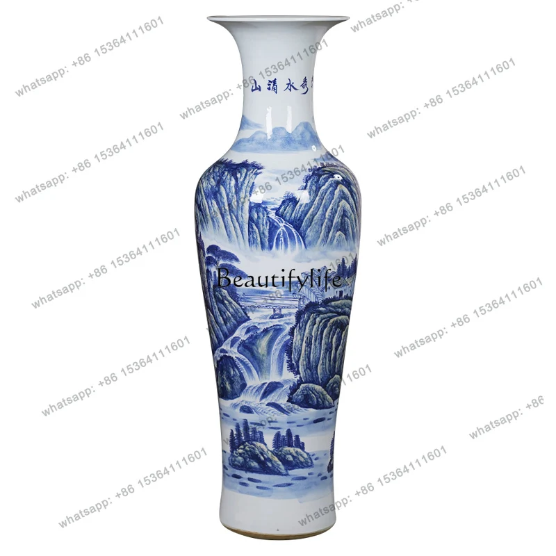 z.Jingdezhen ceramics hand-painted blue and white landscape vase floor-to-ceiling opening ornament