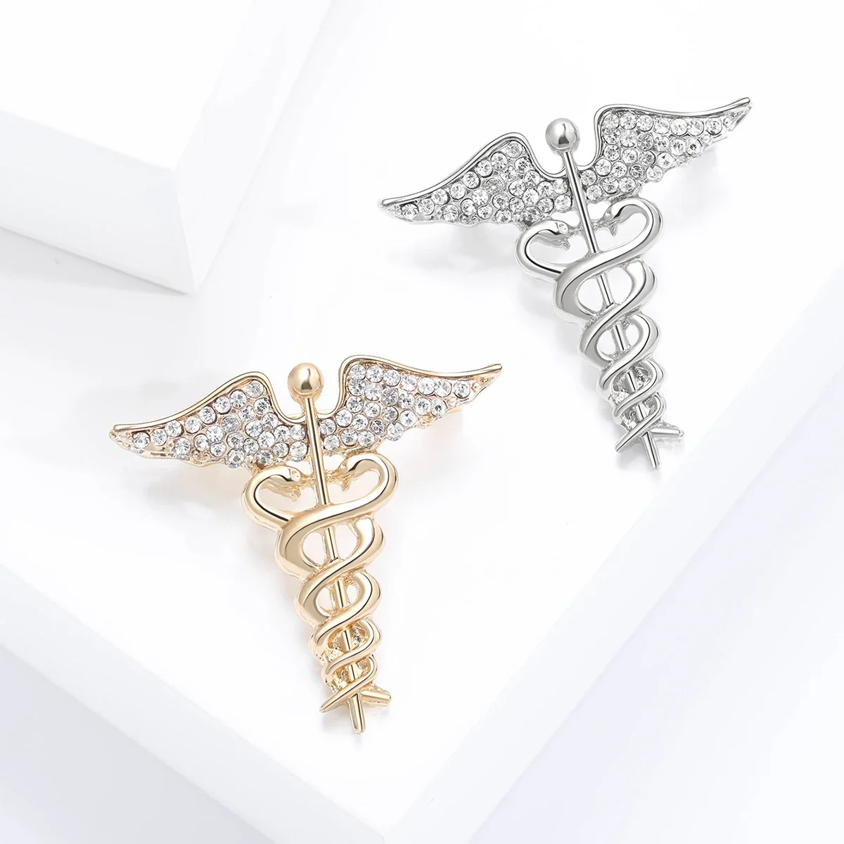 Enamel Serpent Wand Pins for Women Unisex Rhinestone Wings Brooches Office Party Friend Gifts Jewelry Accessories