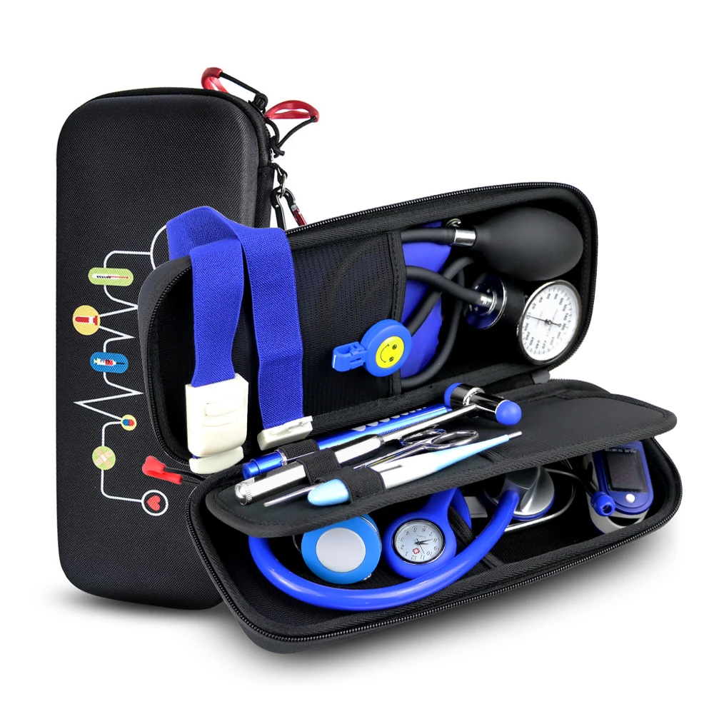 Medical Storage Nurse Starter Kit Health Monitor with Stethoscope BP Manometer Reflex Hammer First Aid Tourniquet Penlight B2
