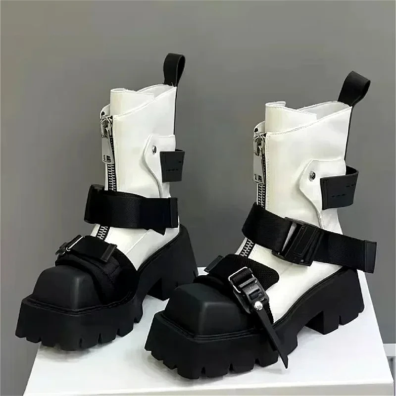 

Кожаные дизайнерские ботинки на платформе, женские роскошные зимние ботильоны с пряжкой на ремне, женские мотоциклетные ботинки на массивном каблуке с квадратным носком на молнии