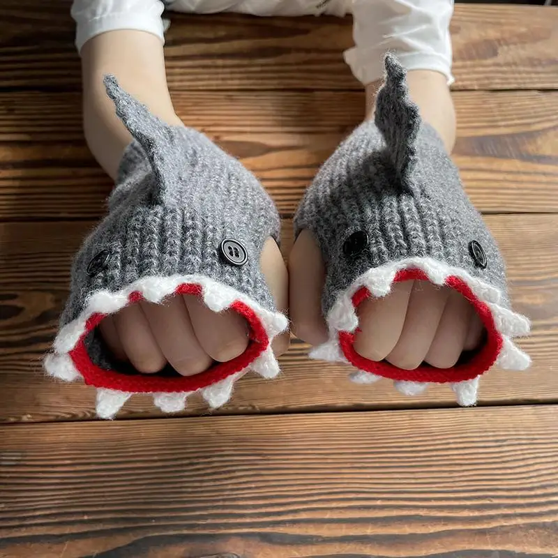 Half Finger Gloves Fingerless Gloves Knit Mittens with Cute Shark Design Winter Warm Gloves Cosplay Gloves for Outdoor Sports