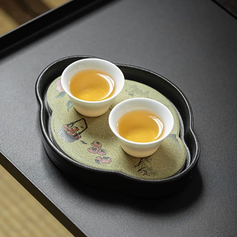 Creative Quick Drying Water Absorbing Tea Tray Holder Ceramic Household Retro Persimmon Ruyi Pot for Small Dry Brewing Table