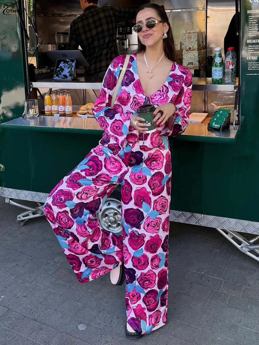 

Oymimi Fashion Deep Pink Print 2 Pieces Set For Woman Elegant V-Neck Long Sleeve Lace-Up Shirts And Straight Zipper Trousers Set