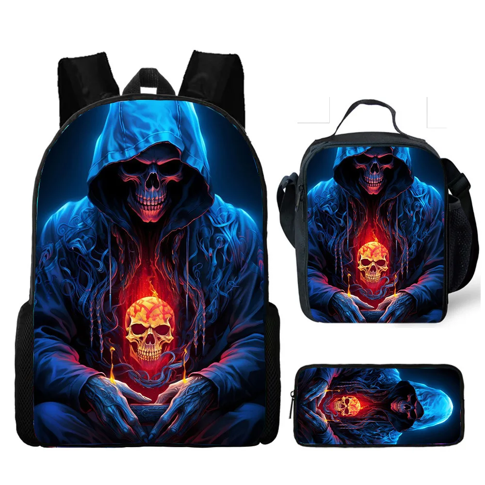 Hot selling skull backpack three piece set printed primary and secondary school backpack meal bag pencil case
