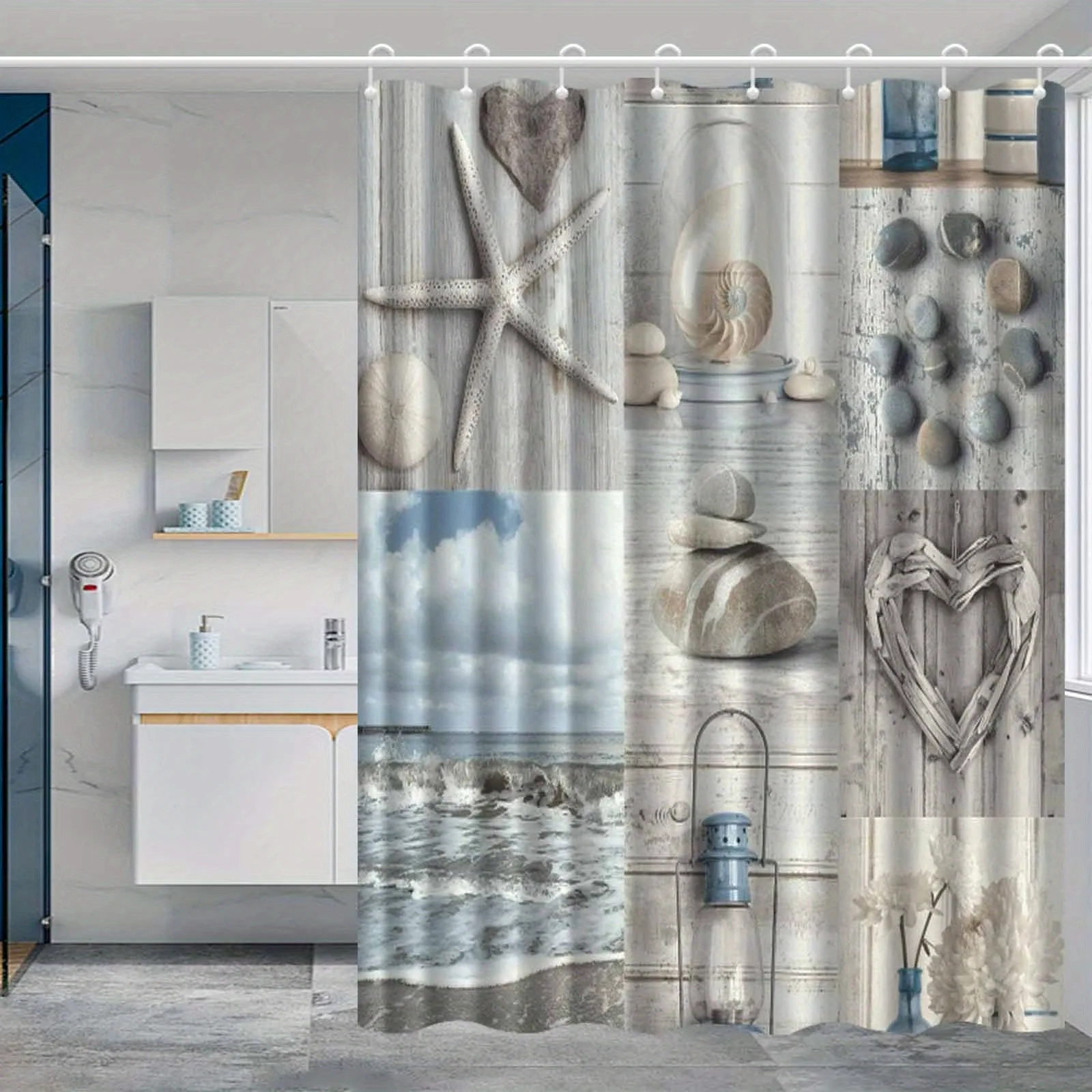 

Винтажный коллаж синих океанских ракушек, занавеска для душа, моющаяся грязеотталкивающая насадка для душа, водонепроницаемая полиэстеровая занавеска для ванны