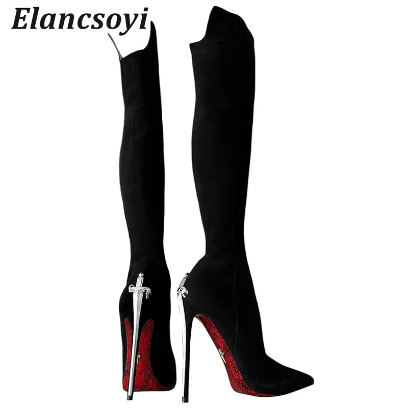 Sexy Schwarz Wildleder Kniehohe Lange Stiefel Metall Schwert Super High Heels Frauen Stiefel Herbst Winter Spitz Dünne Fersen Runway Botas