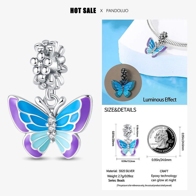 

2024 Hot Sale Blue Purple Luminous Butterfly Charm Bead Fit Pandora Bracelet Women Silver Pendant Beads Fine DIY Jewelry Gift