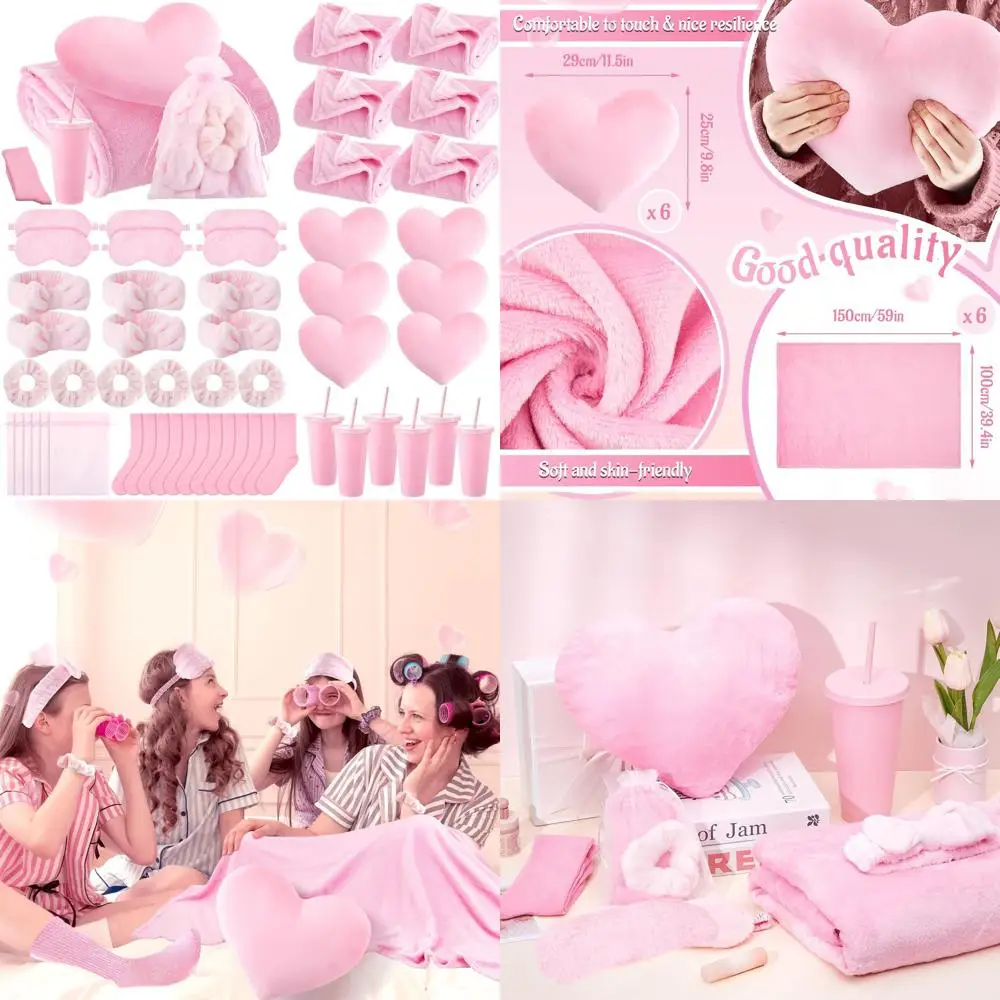 

Набор для спа-вечеринки и дня рождения из 48 предметов: пижамы, плед, наволочки, резинки для волос, маски для сна, носки розового цвета
