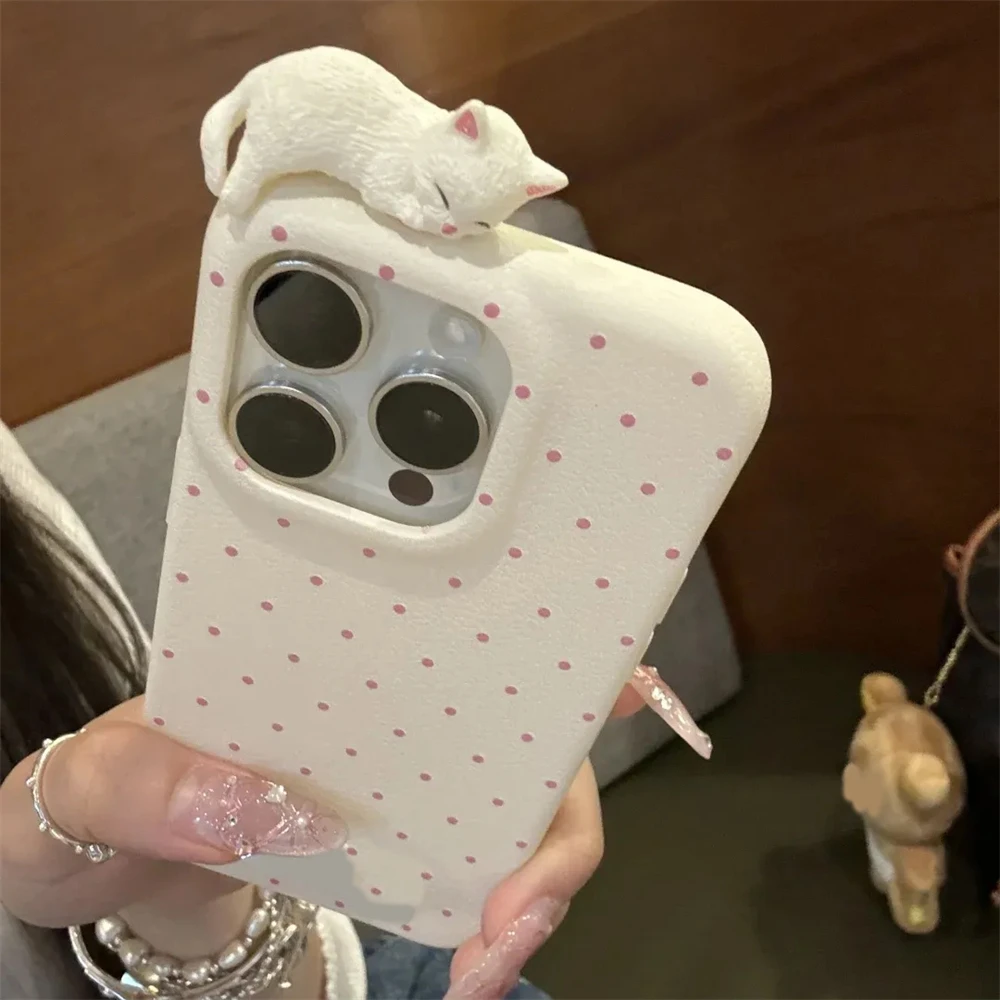 

For iPhone 16 3D Cat Dog Dot Leather Phone Case For iPhone 16 15 13 14 12 11 Pro Max Korean Lovely Kitten Shockproof Soft Cover