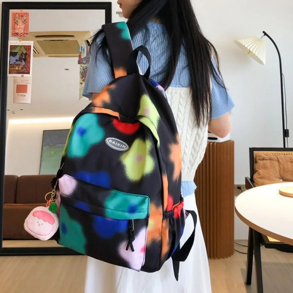 Large Capacity Flower Backpack Korean Style with Pendant Tie-dye Shoulder Bag Creative Graffiti Colorfu Floal School Bag Outdoor