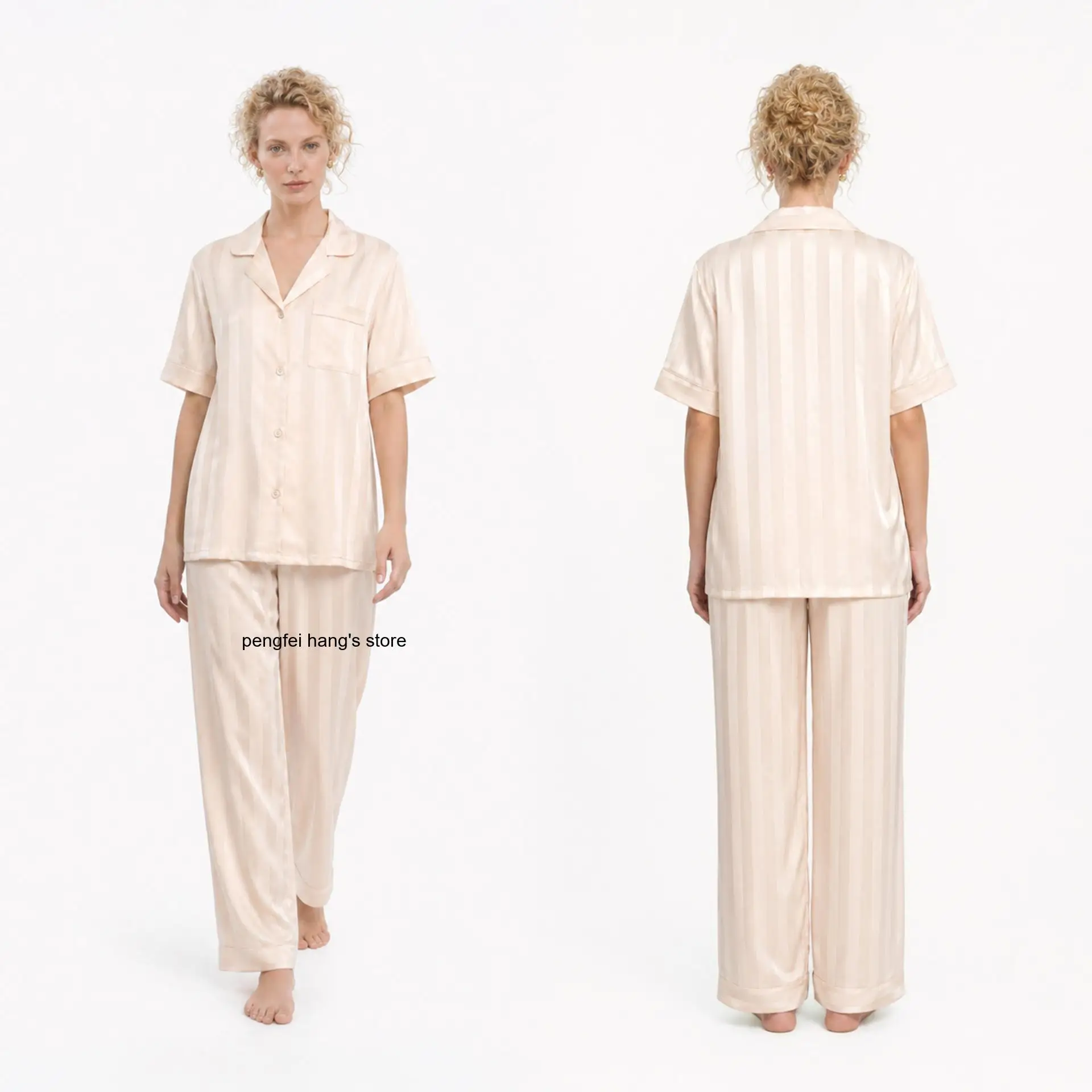 Women Spring Summer Lapel Short Sleeve Long Pants Casual Home Sleepwear Imitation Silk Satin Jacquard Two Piece Pajama Set