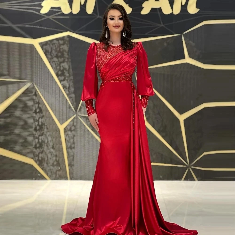 Luxury Red Crystal Evening Dresses Mermaid Beadings Satin Prom Gowns Long Sleeves Pleat Ruched Wedding Party Met Gala Arabic