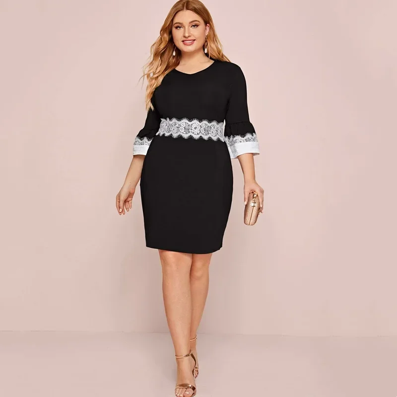 Vestido de fiesta elegante de talla grande para mujer, vestido de fiesta de primavera y otoño, manga 3/4, Panel de encaje, vestido de negocios, vestido blanco y negro de talla grande