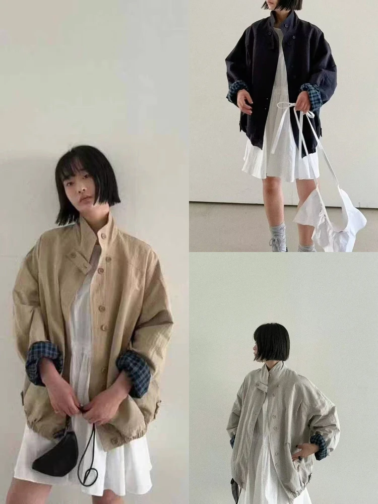 

Spring 2025 East Gate Simple Sle Multi-Color Stand Collar Single Button Color Blo Striped Coat Jaet Women's Faion