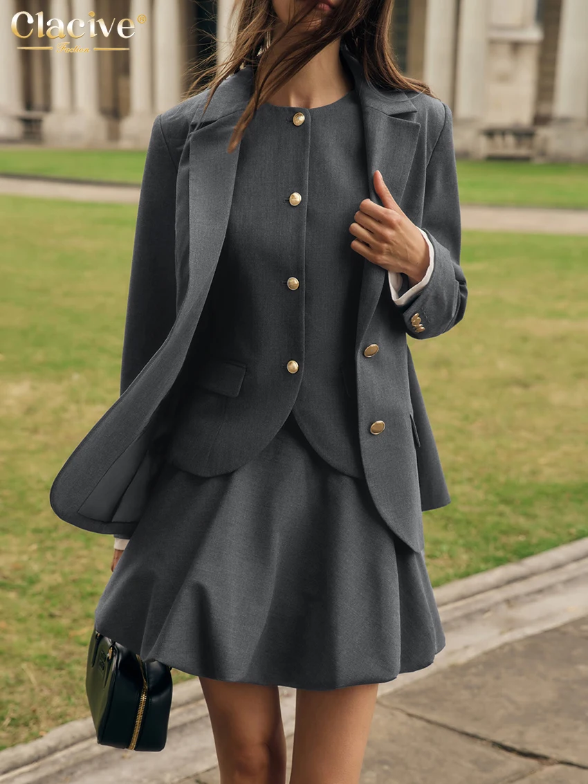 Clacive Fashion Loose Gray 3 Piece Sets Women Outfit 2025 Elegant Long Sleeve Blazer + Tank Top With High Waist Mini Skirt Set