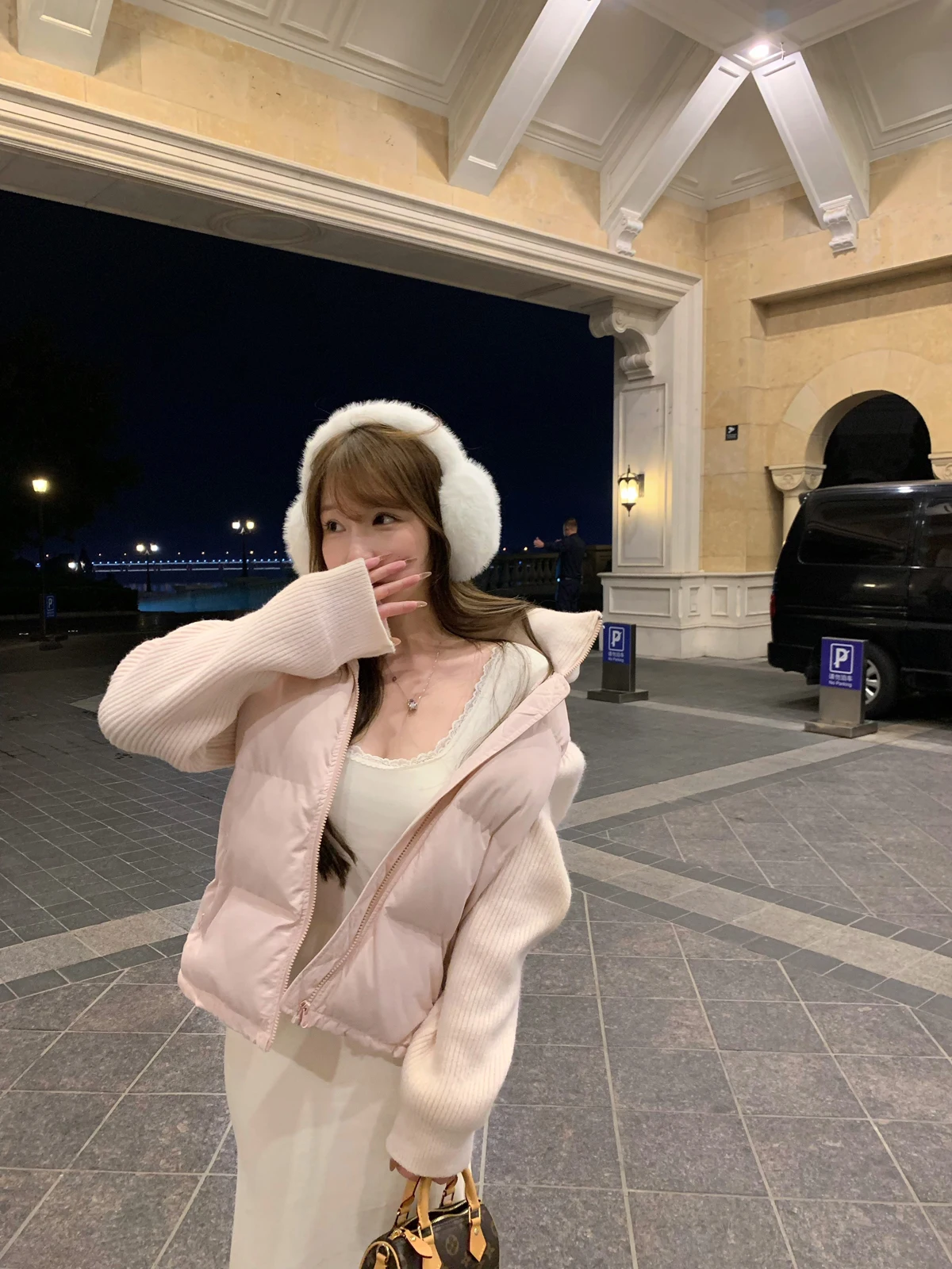 

Lukira Pink Cotton Cloud Soft Stand Collar Bread down Jaet Women's Winter Patchwork Knitted Top Sweet Sle Pure Color