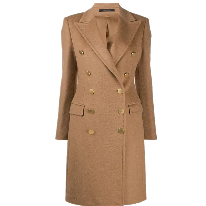 Herfst winter elegante wollen jas met dubbele rij knopen dames slanke ol lange overjas kantoordame