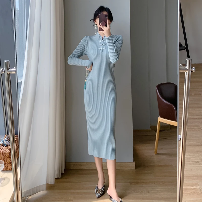 Real Autumn/Winter Knitted Sweater Dress Women's Mid length Vintage Qipao Wind Pan Button Slim Fit Long Sleeve Skirt