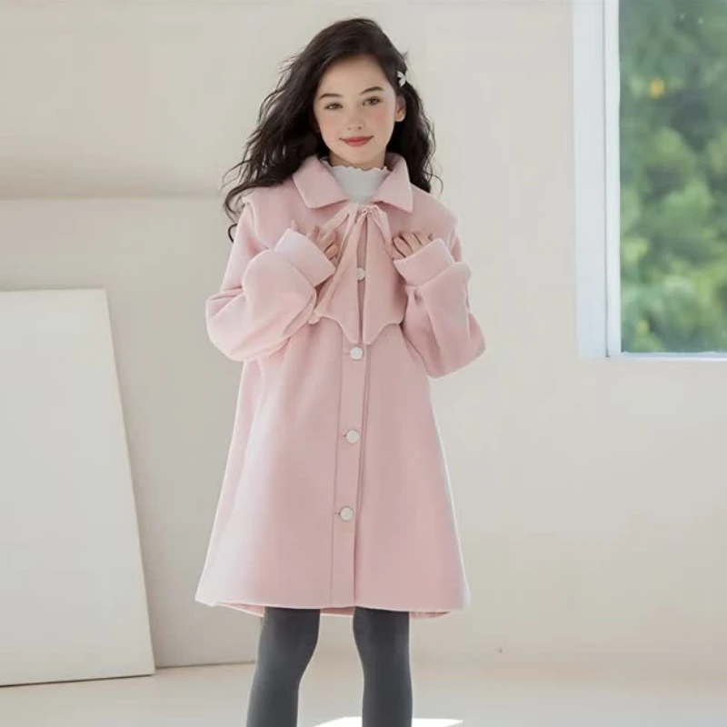 

Girls Wool Coat Mid-length Pink Princess Outerwear Winter Fleece Thick Warm School Children Overcoat 12 13 Y Teens Kids Clothes