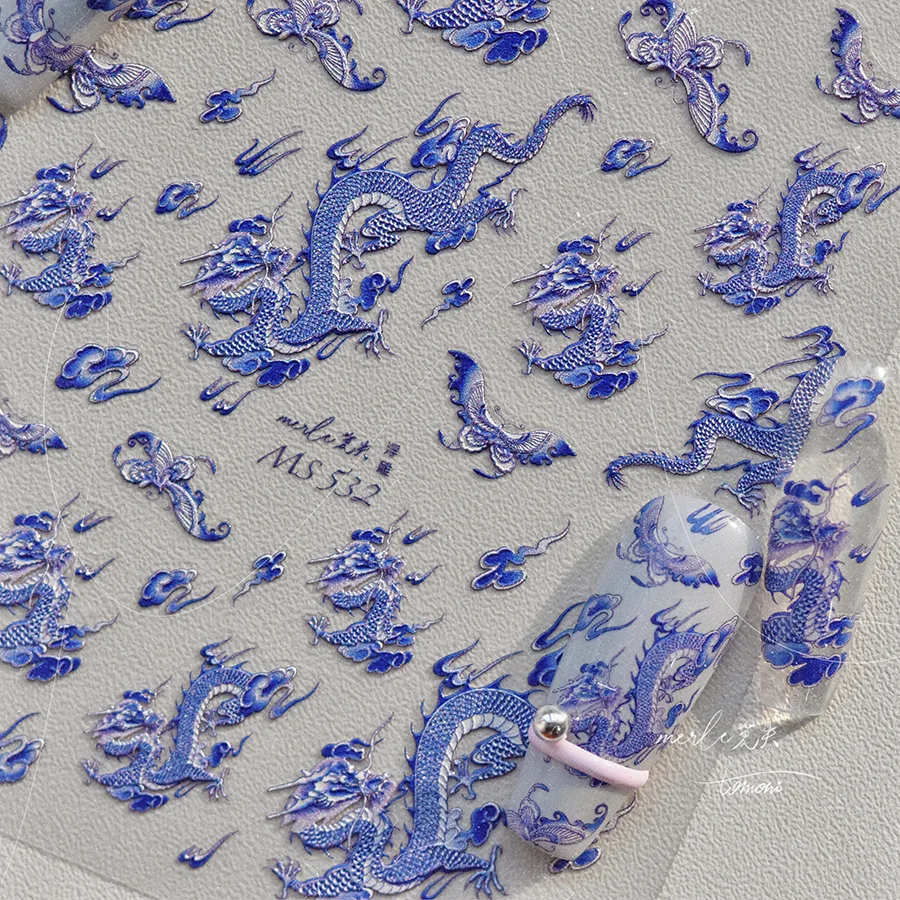 Pegatinas 5D de alta calidad para decoración de uñas, pegatinas Retro exquisitas en relieve de porcelana azul y blanca con dragón, pegatinas para decoración de uñas