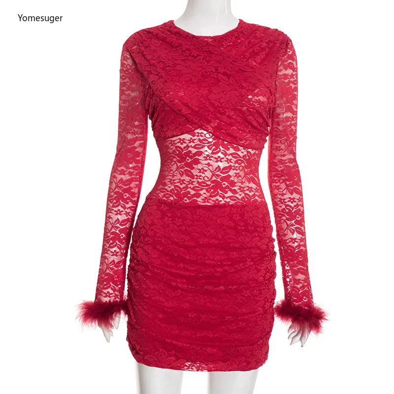 Yomesugar Women's Lace Sheer Bodycon Dress Sexy O-neck Feather Patchwork Long Sleeve Skinny Birthday Dresses Party Clubwear
