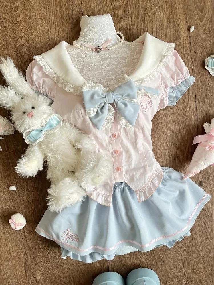 

Summer Sweet Bow Lolita Short Sleeve Top for Women+ Japanese Subcultural Birthday Cake Skirts 2025 New Two Piece Sets