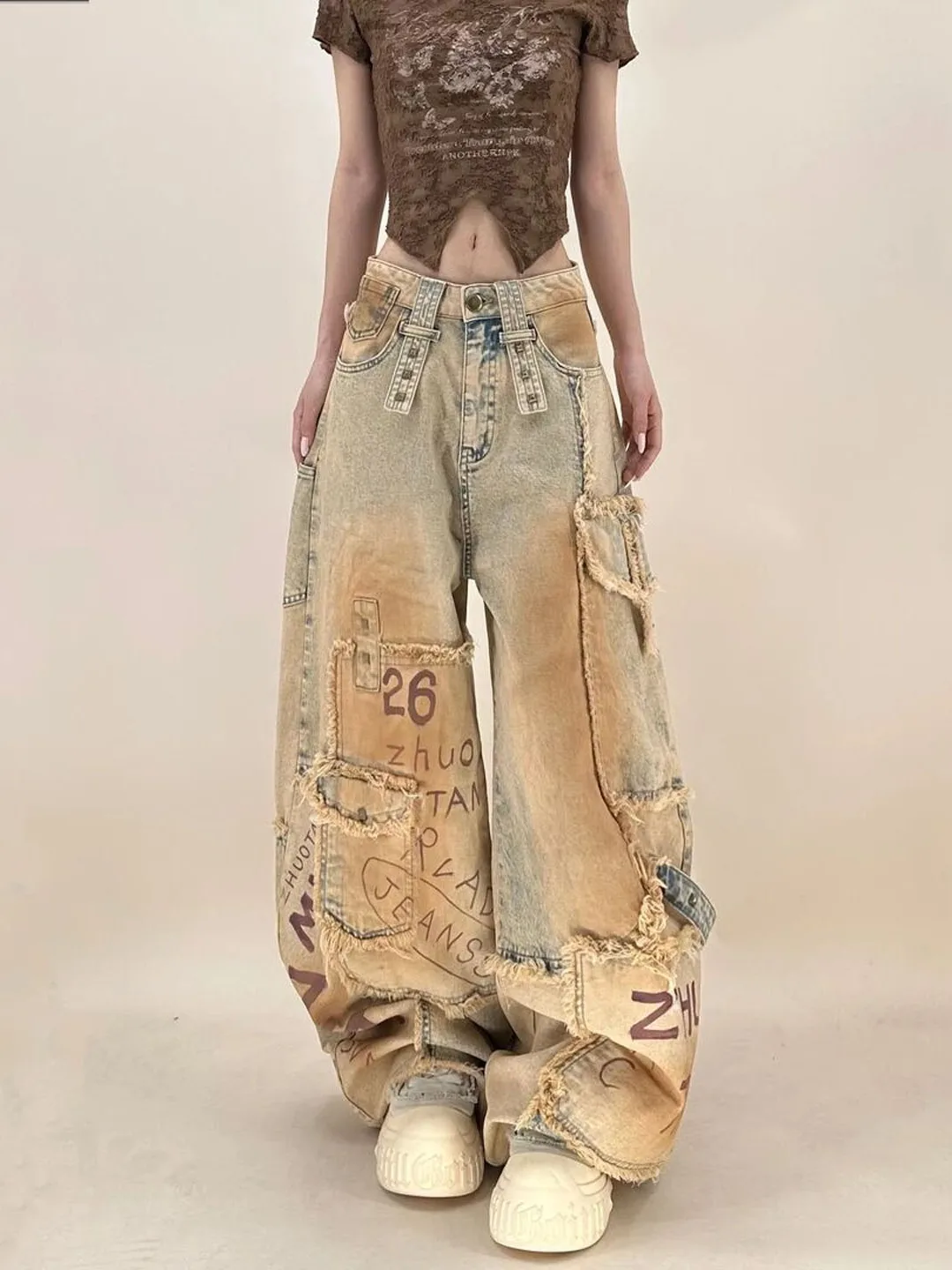 Original Hand-Painted Letter High Waist Knife  Fringed Denim Pants Women's Personality Trousers Commute Style Autumn New