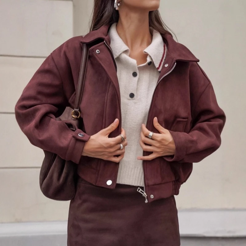 TARUXY Retro Suede Lapel Jacket Women's Zipper Pocket Reddish Brown Casual Loose Splicing Long Sleeves Coat Autumn Street Coat
