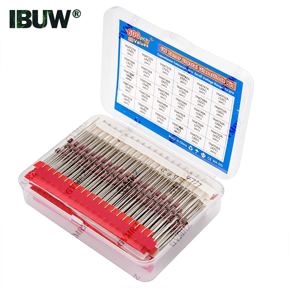 600PCS 30Values 1W Zener Diode Kit 3V-47V Box for Electronics Voltage Regulation Projects