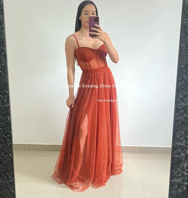 Qunque Sweetheart Tulle Prom Dress Straps Robes De Soirée Customized Women Formal Party Elegant Gown High Slit Vestidos De Gala