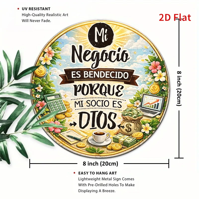 2D Flat, 7.87x7.87inch Aluminum Sign, Mi Negocio Es Bendecido Porque Mi Socio Es Dios, Spanish Business Wall Decor,