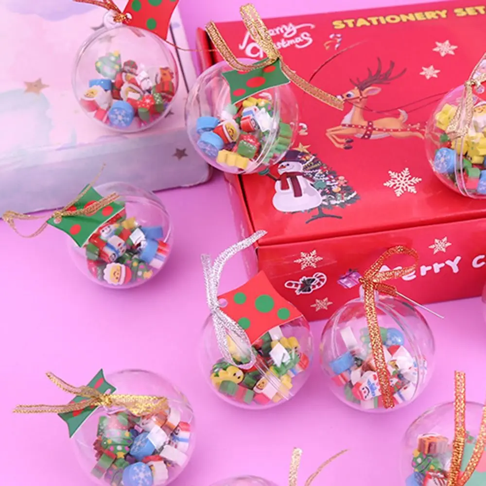 Mini borrador de Navidad portátil, borradores de lápiz Kawaii de Papá Noel, muñeco de nieve de dibujos animados, bola de embalaje transparente para niños