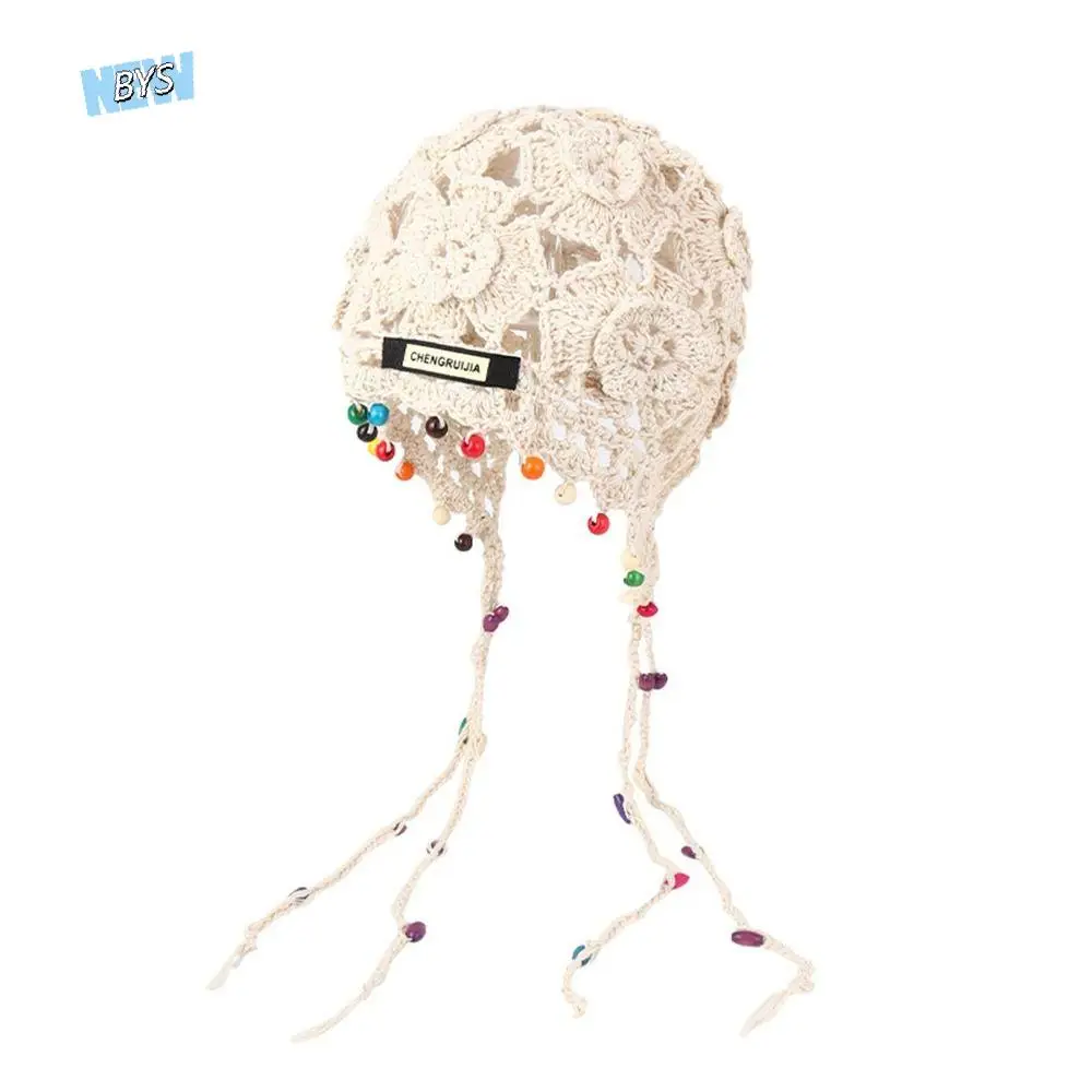 

Retro Crochet Flower Hollow Tassels Knitted Hat Bohemian Style Hollow Out Knit Cap Handmade Thin Ethnic Style Hat Girls