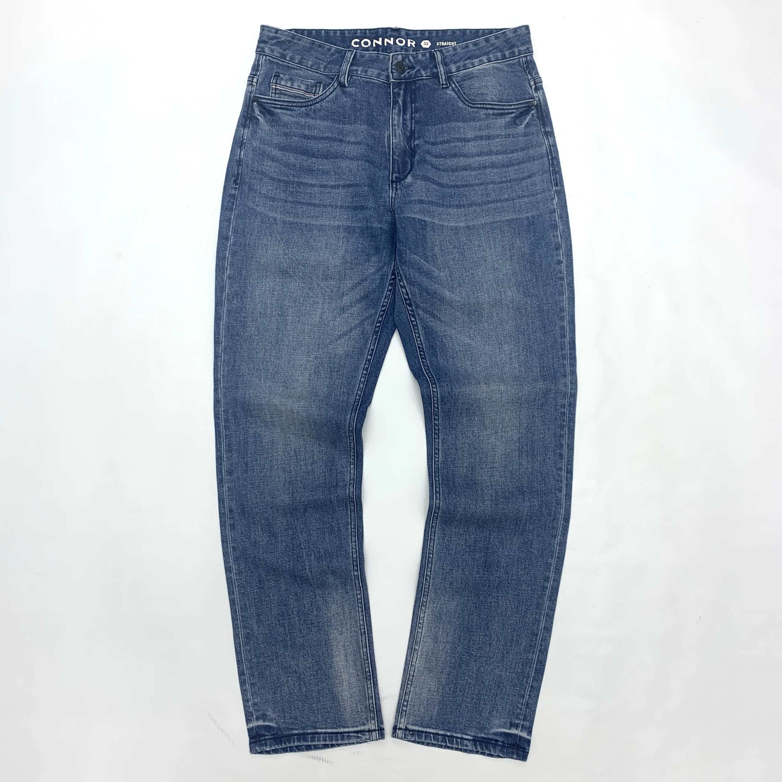 

Size 40 42 Men's Stretch Denim Jeans - Heavy Washed Distressed Amekaji Vintage Soft Loose Fit Straight Leg Blue Denim Pants
