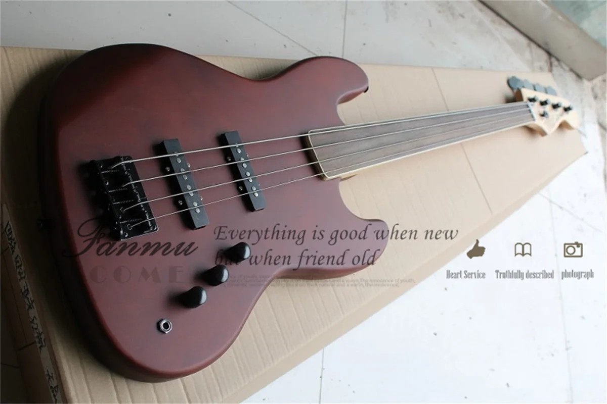 Fretless Bass Guitar 4 Strings Matte Brown Bass Mahogany Body Maple Neck Rosewood Fingerboard Black tuners