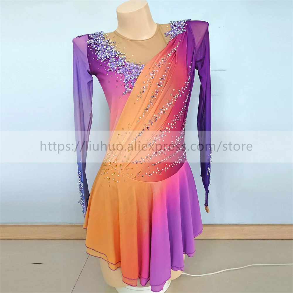 LIUHUO Women Aldult Teen Girl Customize Costume Performance Competition Leotard Rainbow Ice Figure Skating Dress Dance Roller