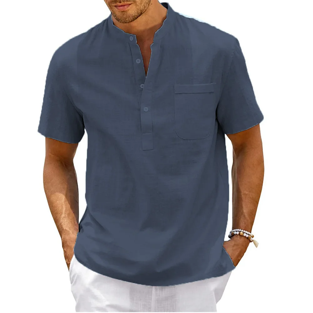 

Solid Color Pocket Short Sleeved Shirt Popular Casual Seaside Vacation Clothing Men's Stand Up Collar Short Sleeved Shirt WG14