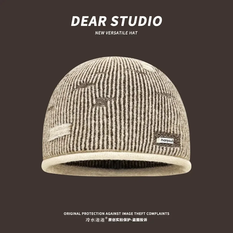 Ins Color‑block Vintage Striped Ripped Knit Beanies for Women Autumn Winter Fashion All‑Match Face‑Slimming Pull‑on Skull Hat