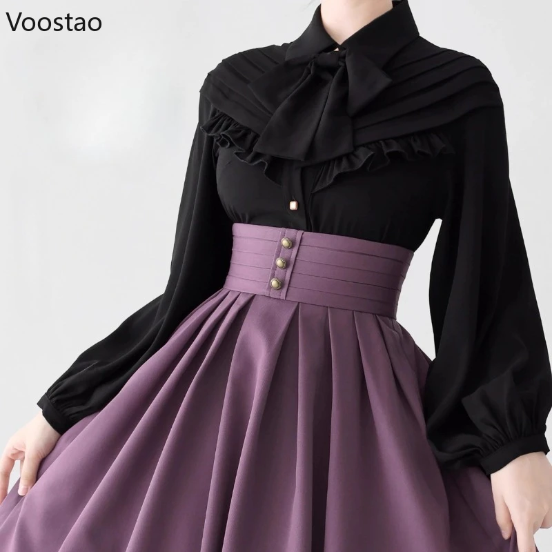 Victorian Vintage Lolita Style Shirt Women Classical Elegant Bow Ruffles Long Sleeve Cute Blouse Female Casual Sweet Tops Blusas