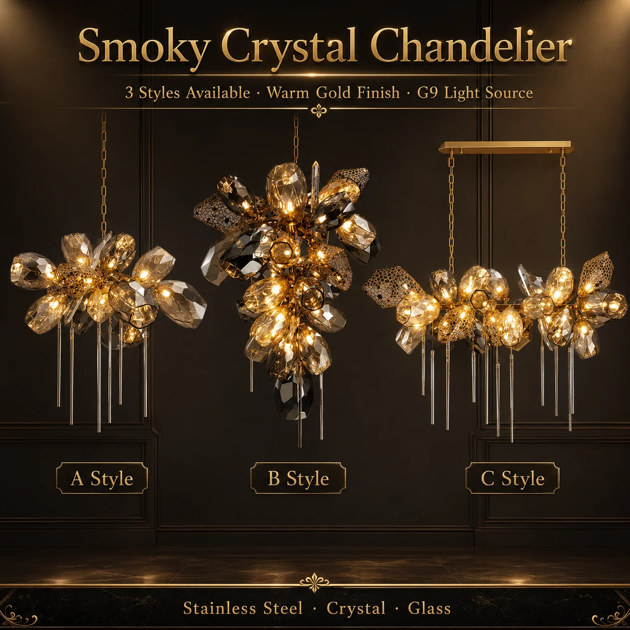 

Luxury Smoky Crystal Flower Chandelier Gold Pendant Light for Living Room Dining Room Staircase 3 Styles G9 Bulbs Included